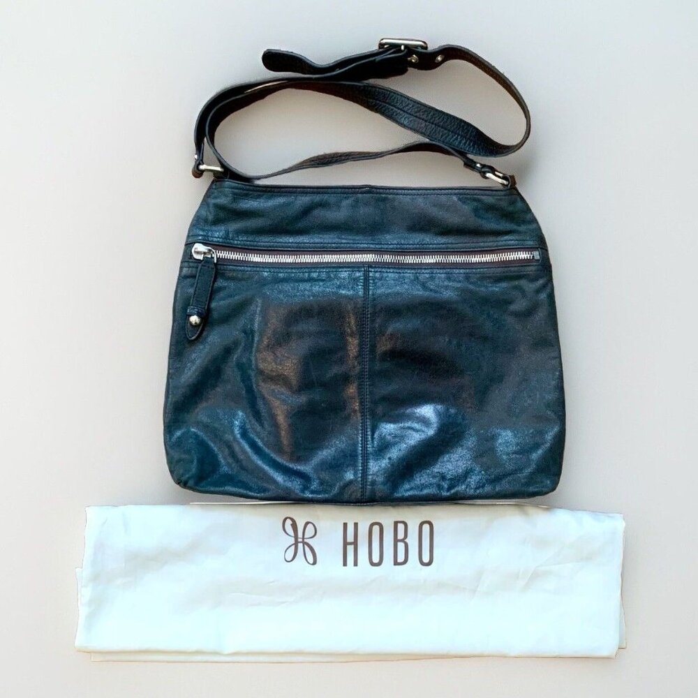 HOBO INTL AVIVA Women Crossbody Bag SHIMMERY Navy Leather w/ Dust Bag - EUC